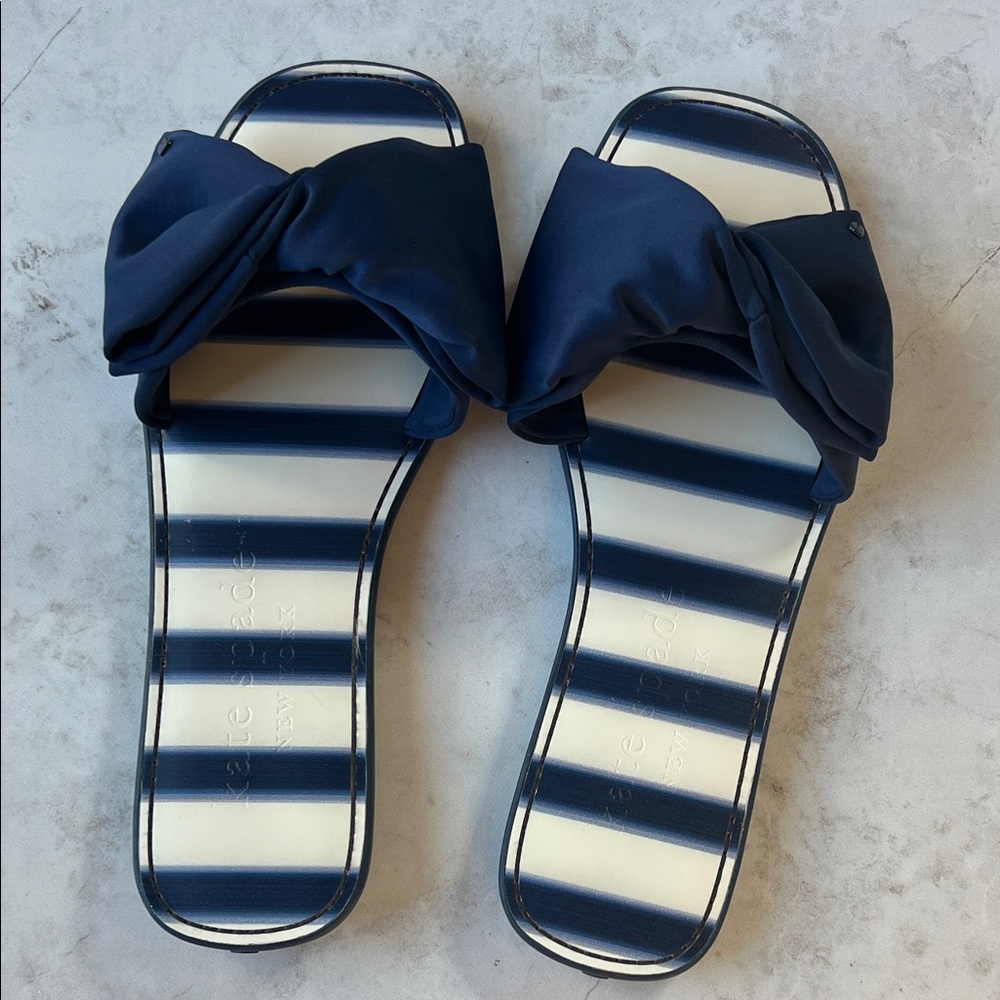 kate spade Navy Bow Slide Sandals with Striped Insole